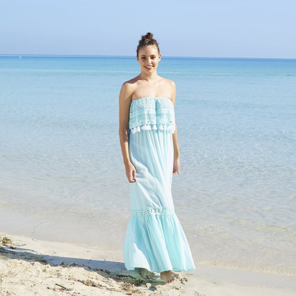 Debbie Katz Lina Boho Eyelet Cover-up Maxi Dress Aqua Blue Medium M